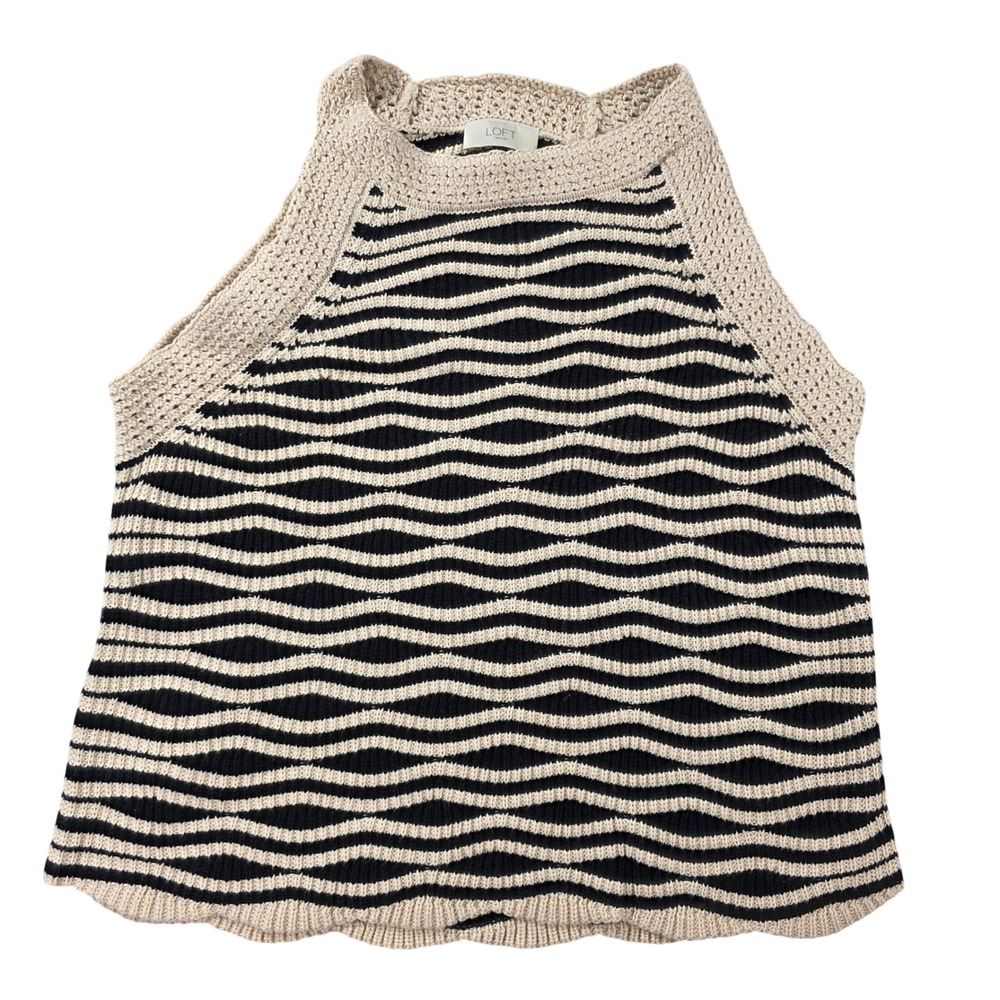 LOFT Outlet Crochet Wavy Stripe Halter Tank Top Cotton Black Beige Med Boho Chic